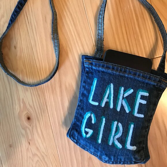 Handmade Crossbody Cell Phone Bag: Lake Girl Theme, Recycled Denim Jean Purse - Picture 6 of 9